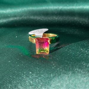 Gold Stainless Steel Ring With A Large Square Pink Gem